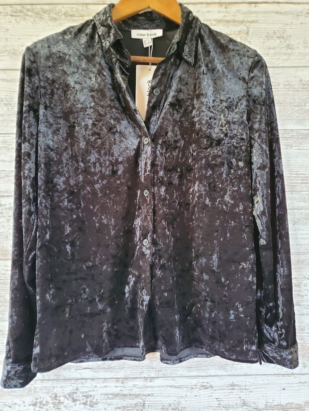 NWT Color Block Black Crushed Velvet Long Sleeve Button Up Top Holiday